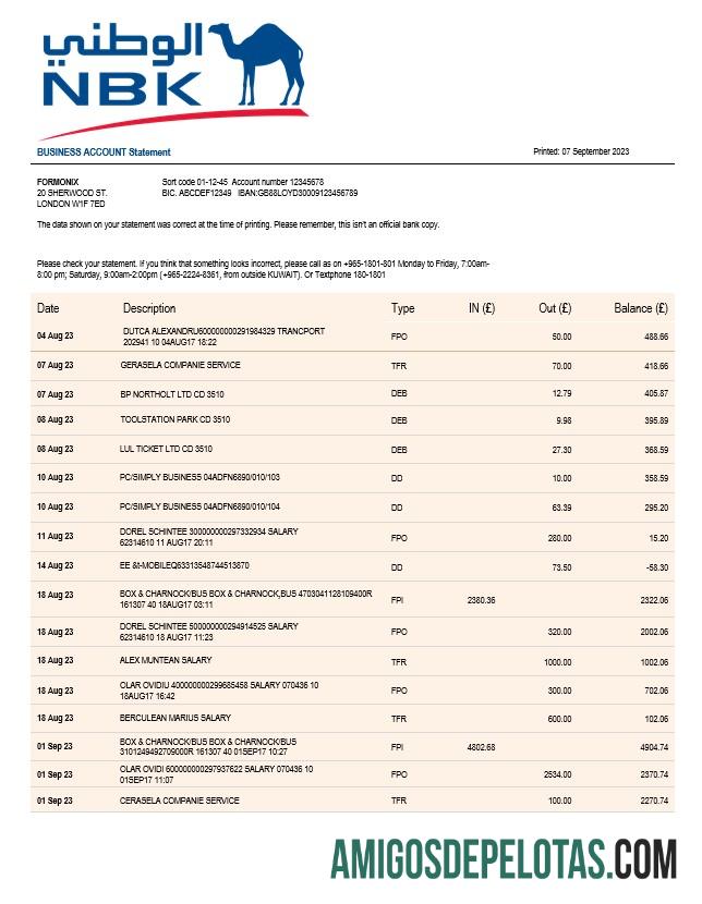 Baixável NBK Bank Business Statement modelo Word e PDF